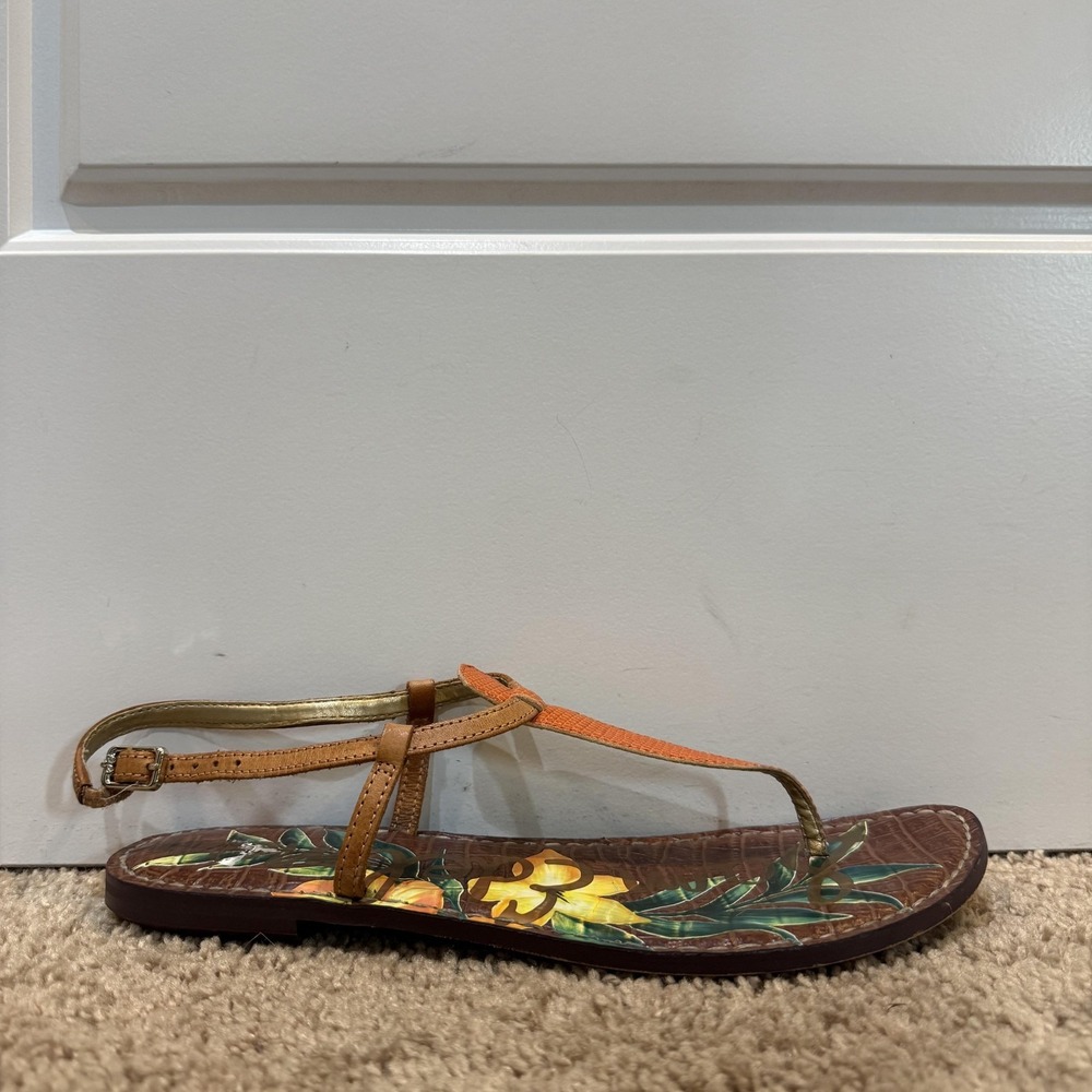 Sam Edelman Gigi Sandals Womens Size 9 Brown Leather Thong Floral Flat